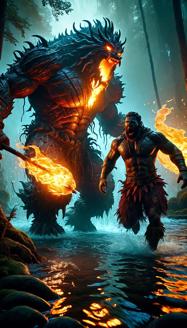 a massive fire golemn versus a massive water golem, a burning forest, people running away in fear, animals fleeing, dramatic lighting, cinematic composition, extremely detailed, 8k, photorealistic, studio lighting, vivid colors, volumetric lighting, epic fantasy, dark fantasy, dramatic atmosphere, dynamic action, high contrast, cinematic angles, heroic scale, intricate details