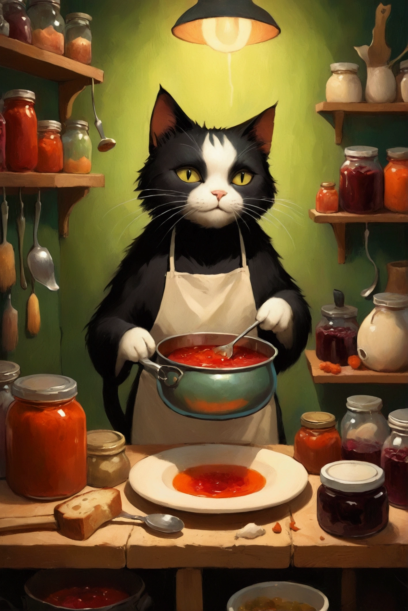  Picture of a Cat Cooking in a Kitchen with a Jar of Jam, At the potion shop, inspired Written by Jean Kipp,  Beeple and Jeremiah Kettner , Written by Jean Kipp, ❤🔥🍄🌪, Cats make soup ,  lowbrow pop surrealism,  Jana Blake Art ,  Benjamin Lacombe ,  Amazing Art ,  Jean Baptiste Monge 