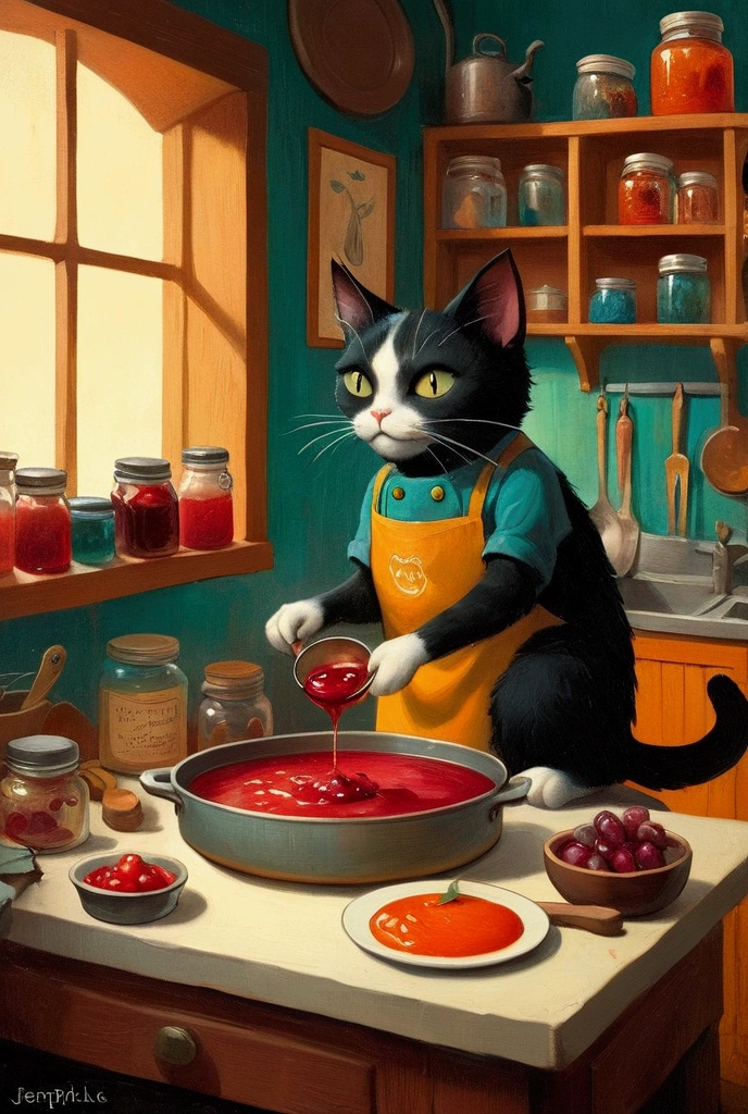  Picture of a Cat Cooking in a Kitchen with a Jar of Jam, At the potion shop, inspired Written by Jean Kipp,  Beeple and Jeremiah Kettner , Written by Jean Kipp, ❤🔥🍄🌪, Cats make soup ,  lowbrow pop surrealism,  Jana Blake Art ,  Benjamin Lacombe ,  Amazing Art ,  Jean Baptiste Monge 