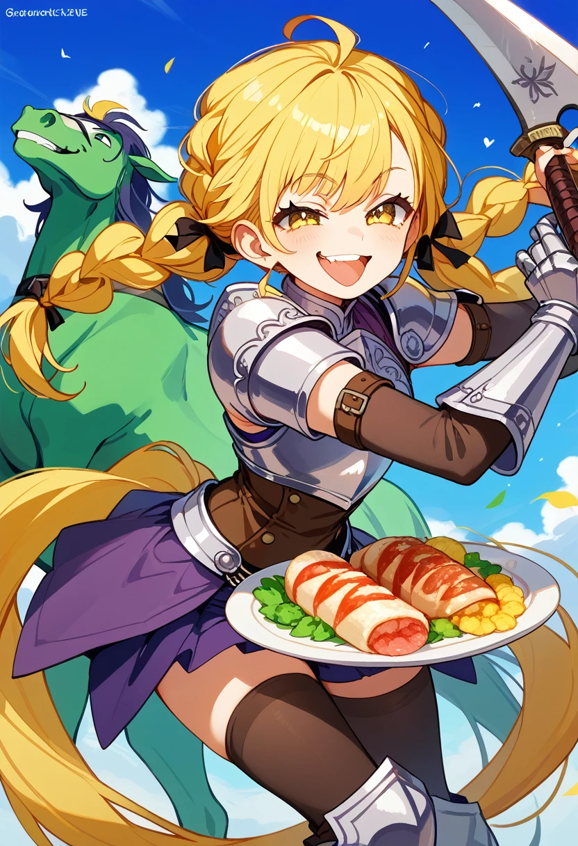 ride a horse, Full Plate Armor, Chain sickle, hujita_kotone ,\(idol_m@ster\),wholebody,smug face, knight ,cute_adult_girl,(((smug face,cute_girl,yellow_braids_hair))),very satisfied, fighting aroused ,happy face,ecstasy smug face