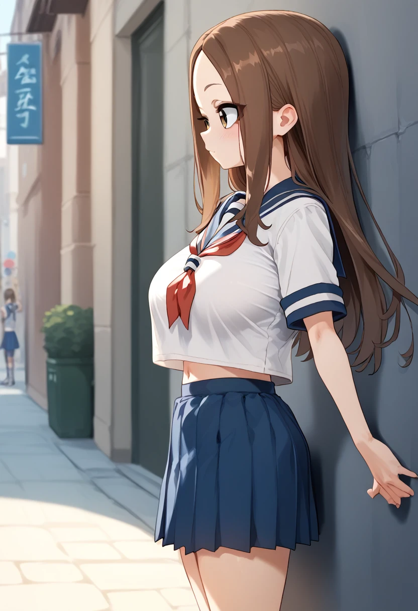 、takagi-san、score_9, score_8_up, score_7_up, 1girl, Alone, Takagi, brown hair, brown eyes, long hair,  white serafuku, blue stripes, blue skirt, red necktie、(huge breast)
、 short stature 、 is short、(**** Big )、
{Highest quality}, {so beautiful}, {Very detailed}, {Best illustrations},Life、slim:1.5、Are standing、From the side、