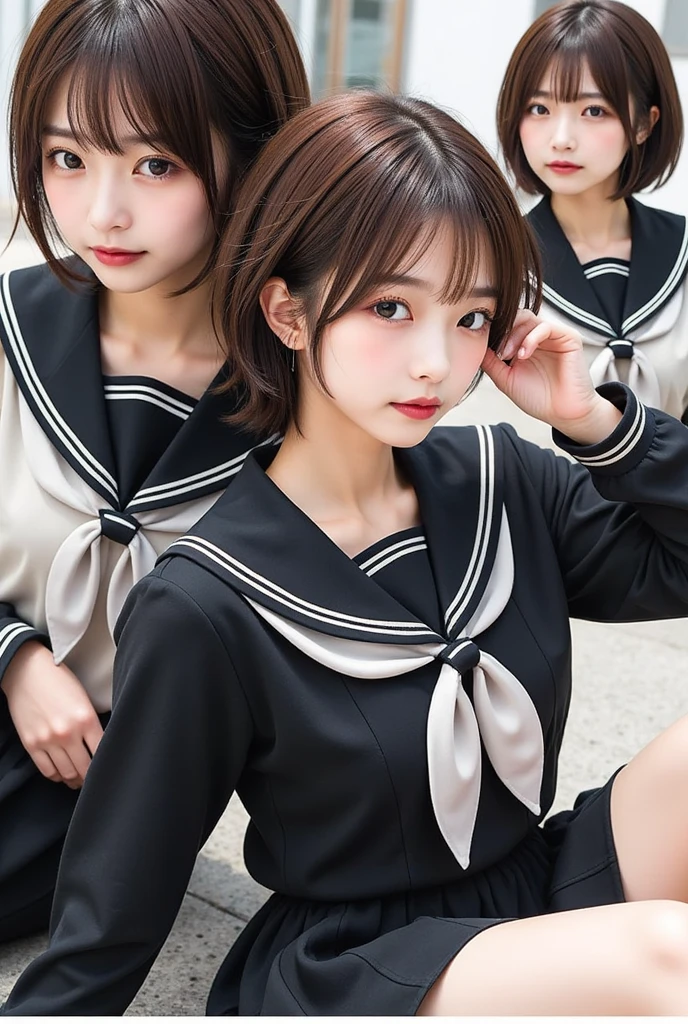 Perfect composition, Proper placement, Golden Ratio, masterpiece,  best quality,  high definition ,  one Japanese woman,  Beautiful Japanese Woman , standing:1.331,  Wearing a Japanese High School Sailor Suit:1.331,  Anatomically Correct Ratio :1.331,  has a small head :1.331, Slender body:1.331,  thin waist:1.331, Thin limbs:1.331,  flat chest:1.331, Brown Hair,  short hair,  hair that flutters like, Summer daytime, Light and Shadow, Movie Lighting, 