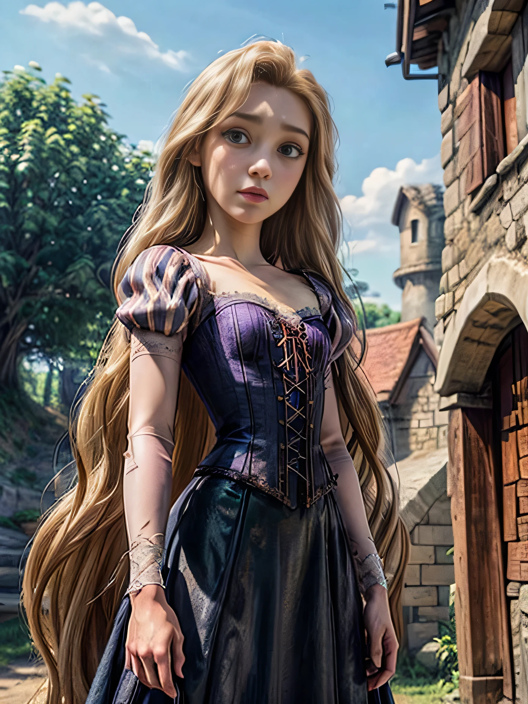 (masterpiece:1.2), (best quality), (ultra detailed), (8k, 4k, intricate),(medium flat:1.2),(cowboy:1.2),(very detailed:1.2),(detailed face:1.2),(detailed background),(portrait),detailed landscape, , rapunzel,1girl, long hair, solo, blonde hair, dress, very long hair, very long hair, very long hair, green eyes, corset, purple dress, castle