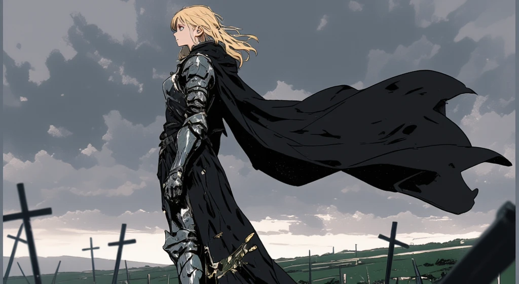 medieval age, Detailed face, straight-on, perspective, full body, feeling of loss, female knight, Blonde hair, Black long cape, Depth of field, wind, ethereal dreamy scene, concept art