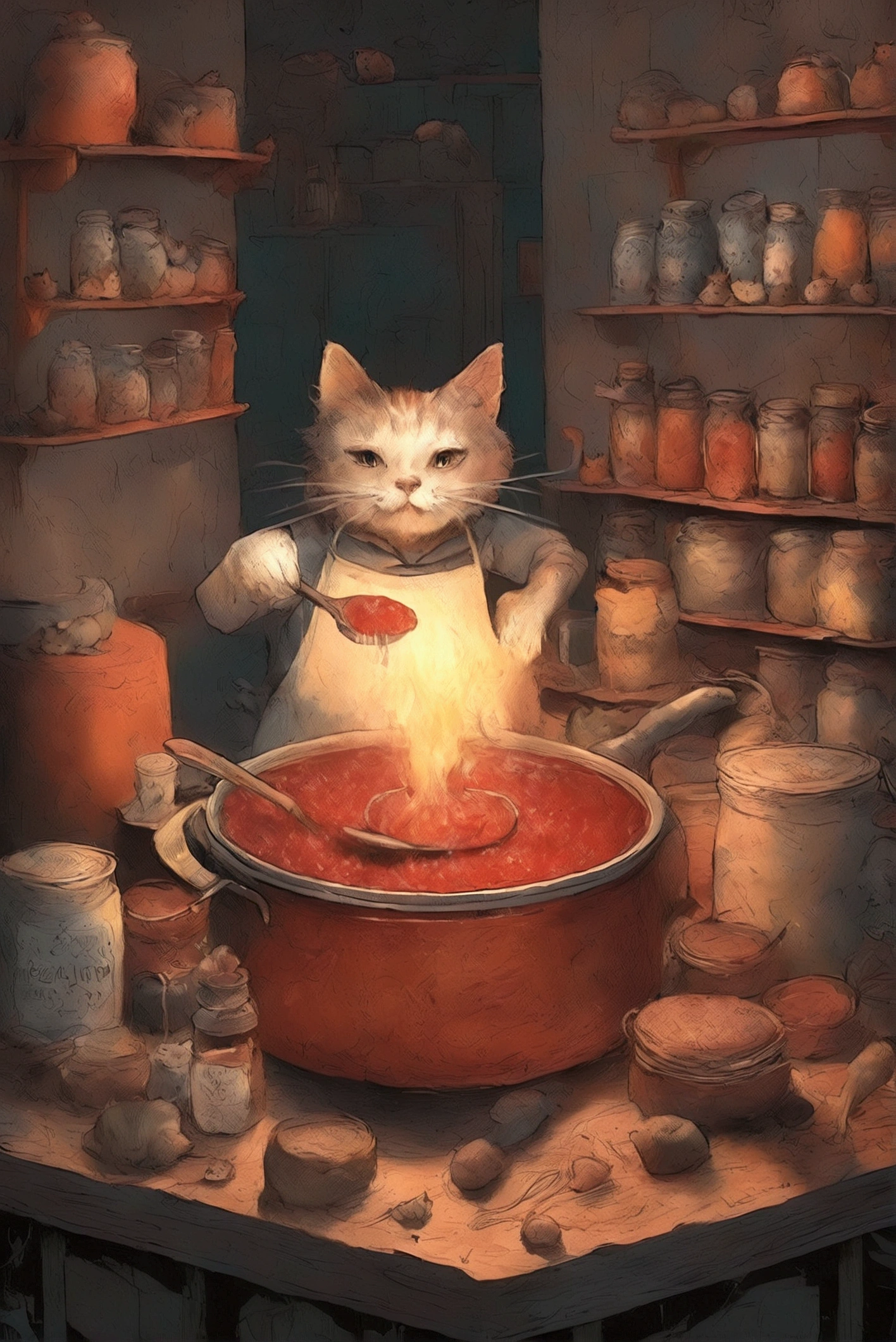  Picture of a Cat Cooking in a Kitchen with a Jar of Jam, At the potion shop, inspired Written by Jean Kipp,  Beeple and Jeremiah Kettner , Written by Jean Kipp, ❤🔥🍄🌪, Cats make soup ,  lowbrow pop surrealism,  Jana Blake Art ,  Benjamin Lacombe ,  Amazing Art ,  Jean Baptiste Monge 