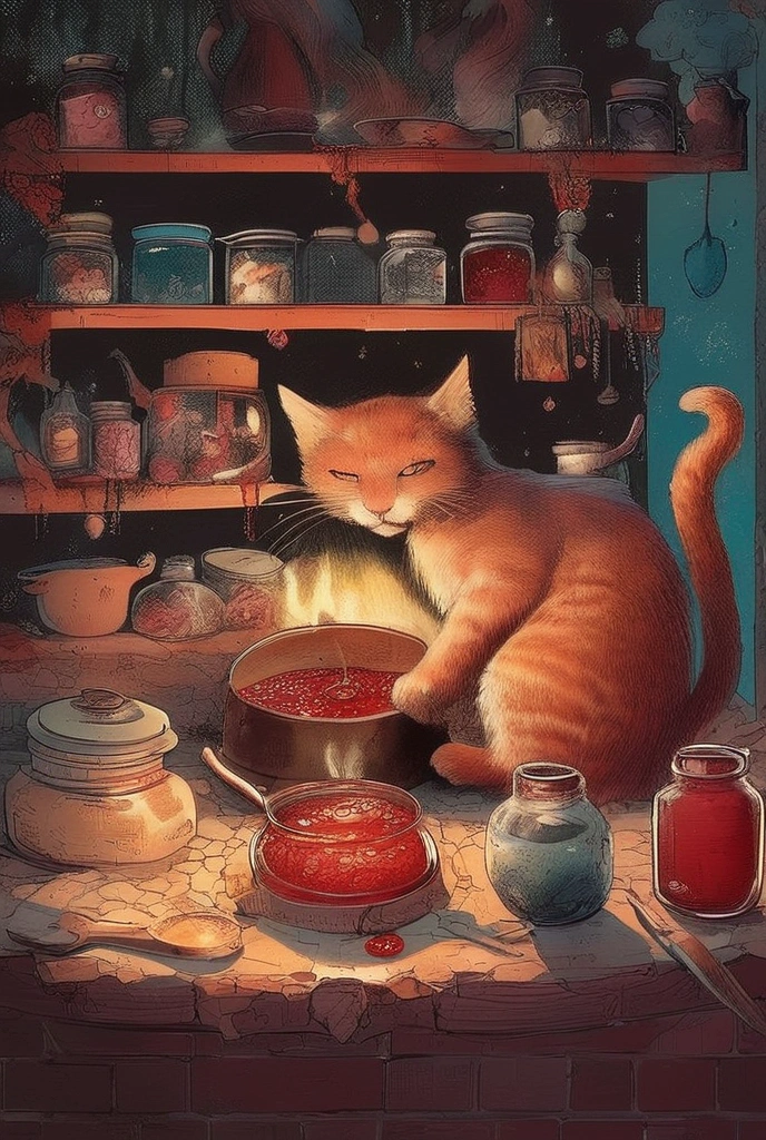  Picture of a Cat Cooking in a Kitchen with a Jar of Jam, At the potion shop, inspired Written by Jean Kipp,  Beeple and Jeremiah Kettner , Written by Jean Kipp, ❤🔥🍄🌪, Cats make soup ,  lowbrow pop surrealism,  Jana Blake Art ,  Benjamin Lacombe ,  Amazing Art ,  Jean Baptiste Monge 