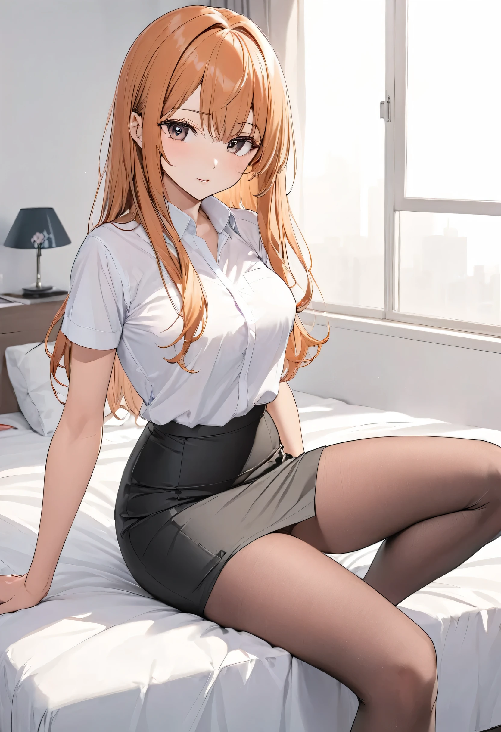 1 girl in、(Erika)Pose in front of the camera、(looking at viewert:1.2)、A smile、length hair、((pantyhose))、((Blouse))、((a miniskirt))、Bedroom、((pencil skirts))