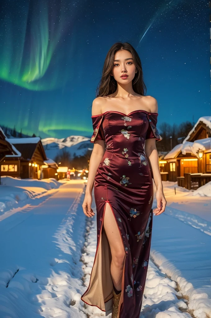 Masterpiece, UHD.  Portrait of One ultra hot gorgeous European woman, age 23, Wearing a cheongsam, a miniskirt (off shoulders:1.3) in a snowy village landscape. Winter starry night. Northern lights.