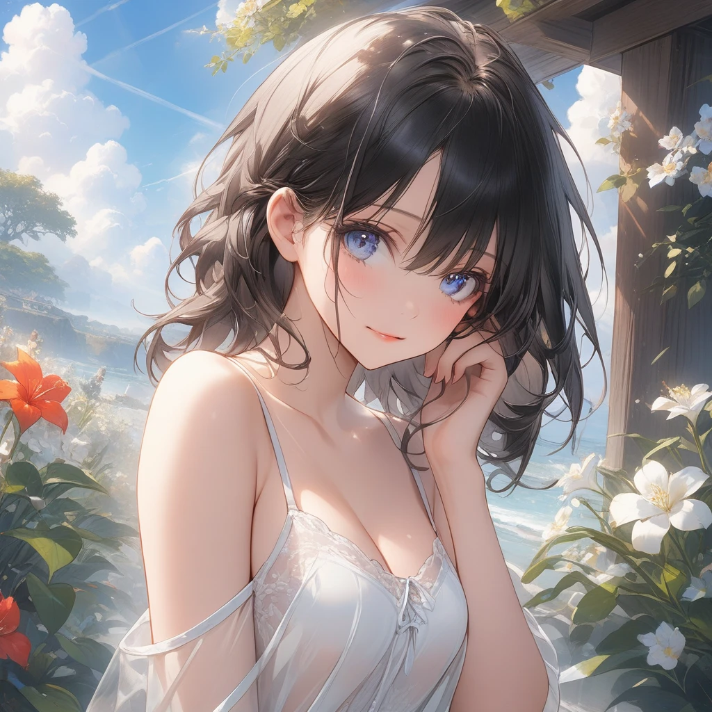 Full-length portrait of a girl,White dress,White panties,Small Bust,blue sky