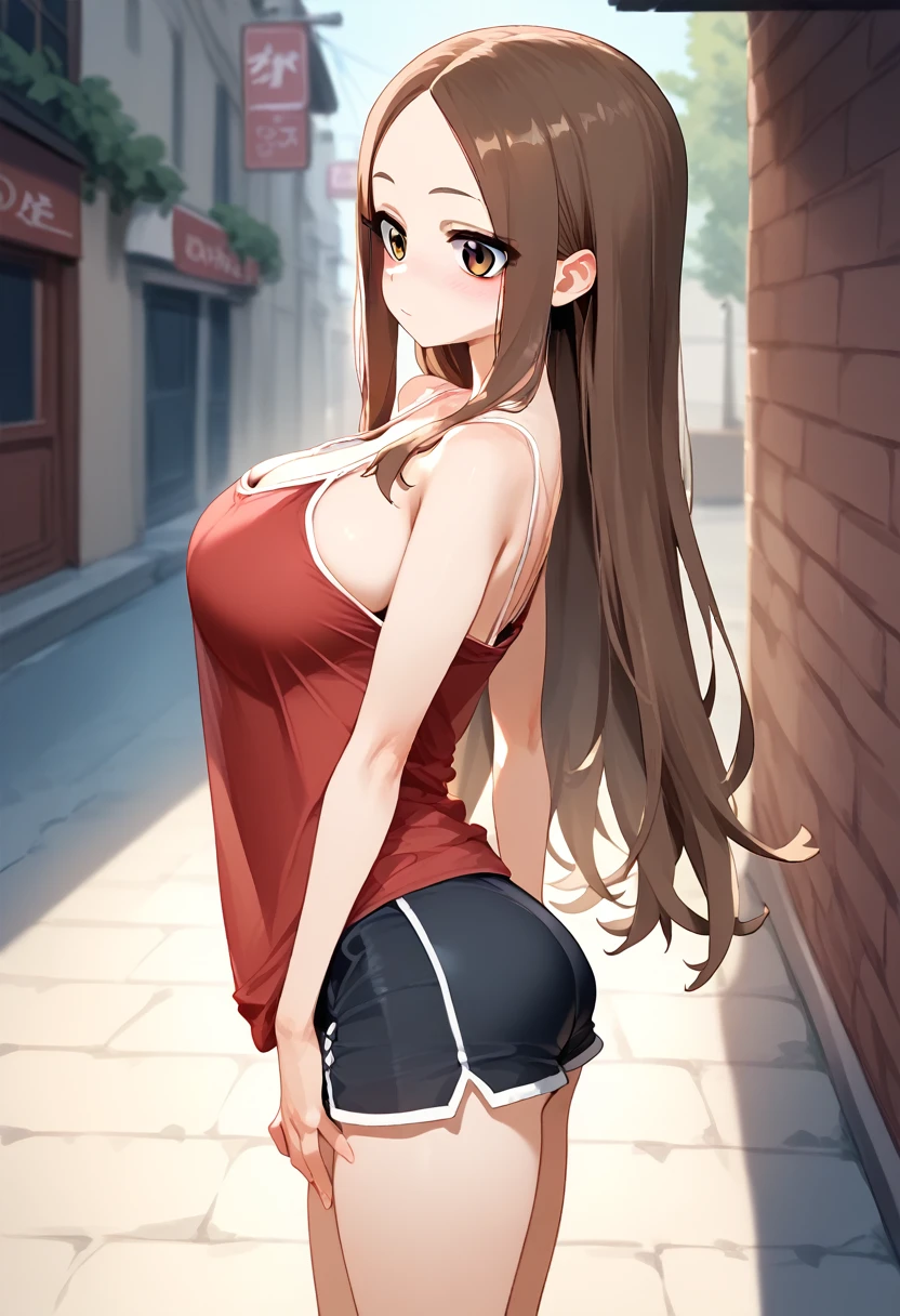 、takagi-san、score_9, score_8_up, score_7_up, 1girl, Alone, Takagi, brown hair, brown eyes, long hair,  camisole 、 shorts、(huge breast)
、 short stature 、 is short、(Loli Big )、
{Highest quality}, {so beautiful}, {Very detailed}, {Best illustrations},Life、slim:1.5、Are standing、From the side、