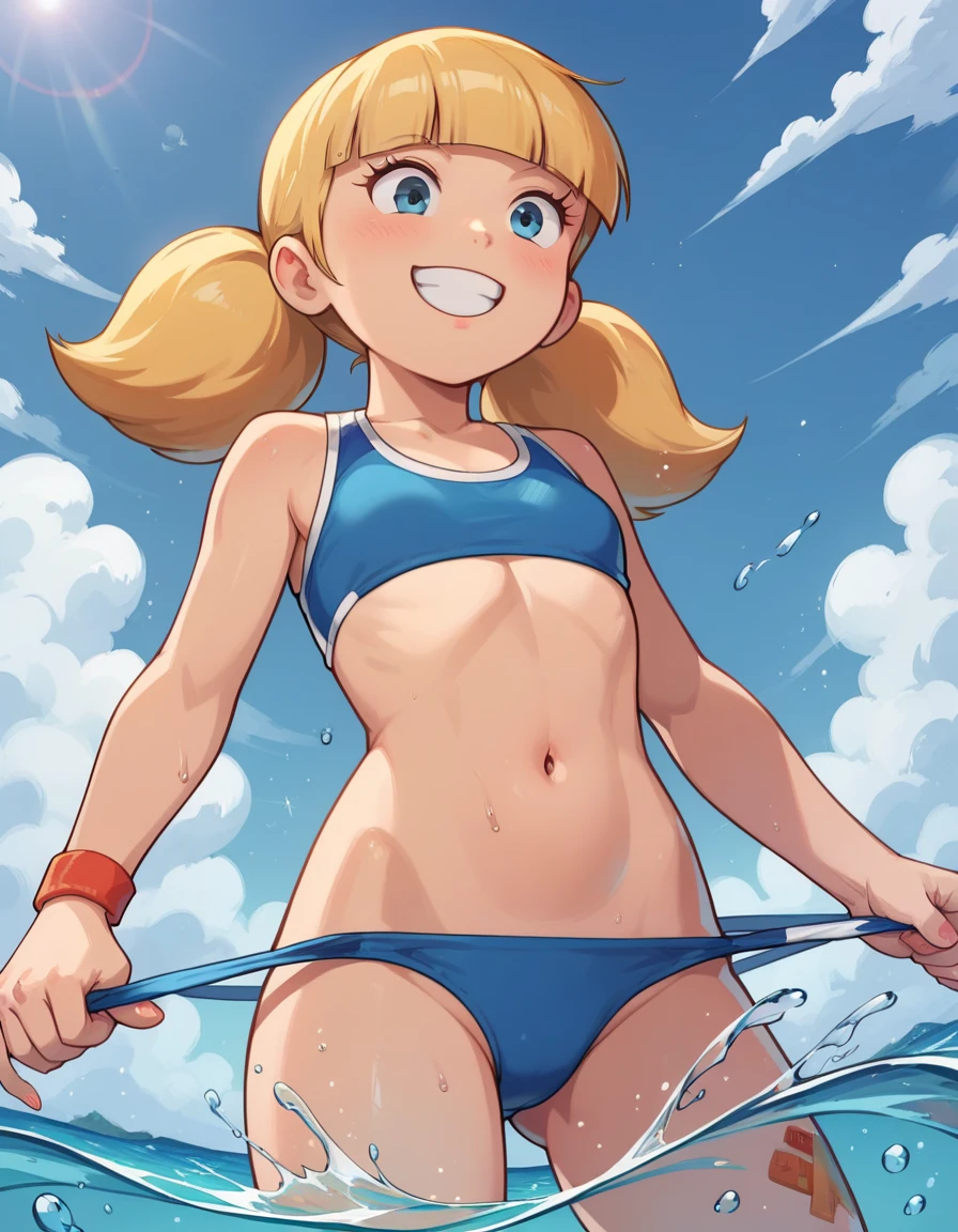 Browsing Caution,Only one person,(Petite),((One cute boy)),((Groin bulge)),seiza,Blonde woman with low pigtails,lips,Sweat,White Breath,Swimwear,The gaze of the viewer,A begging expression,Showing his erect penis to the viewers,Semen seeps out