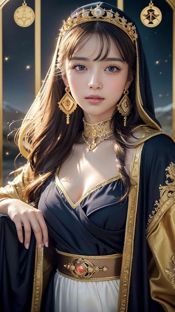 “A mystical woman with long, straight dark hair, adorned with a jeweled headpiece and intricate earrings. She has a serene expression and is holding a glowing crystal ball in both hands. The background is cosmic, with sparkling stars and a circular ornament featuring colorful gems. The scene is magical and otherworldly, with a blend of soft, radiant lighting that enhances the ethereal atmosphere.”