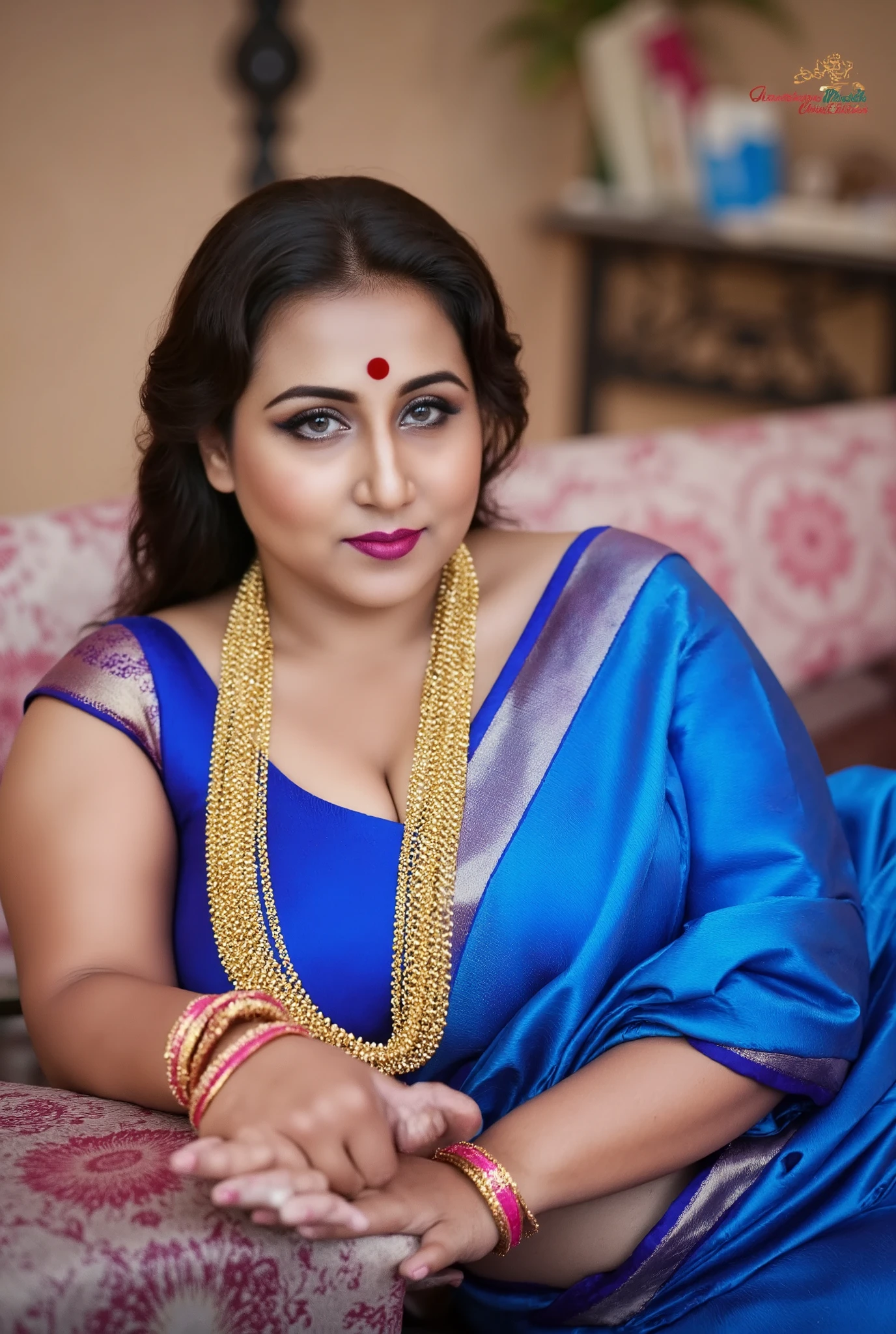 Full body view of a 50 year old plus size tall and big giant indian wife, looking like indian actress honey rose, wearing only shining transparent blue silk sari, white skin tone, beautiful face, red lips, clean skin, celebrity face, thick leggs, round ass, huge breast,all indian ornaments like ,gold chain,gold necklace,gold ear ring with chain connect with nose ,nose stud ,auspicious thread in Necklace, Armlet, bangles,red sindur on head,lying downwards on bed, group of dark skin young men on underwear standing around looking her,touching her, looking straight to camera, realistic photo,a quarter back side view,