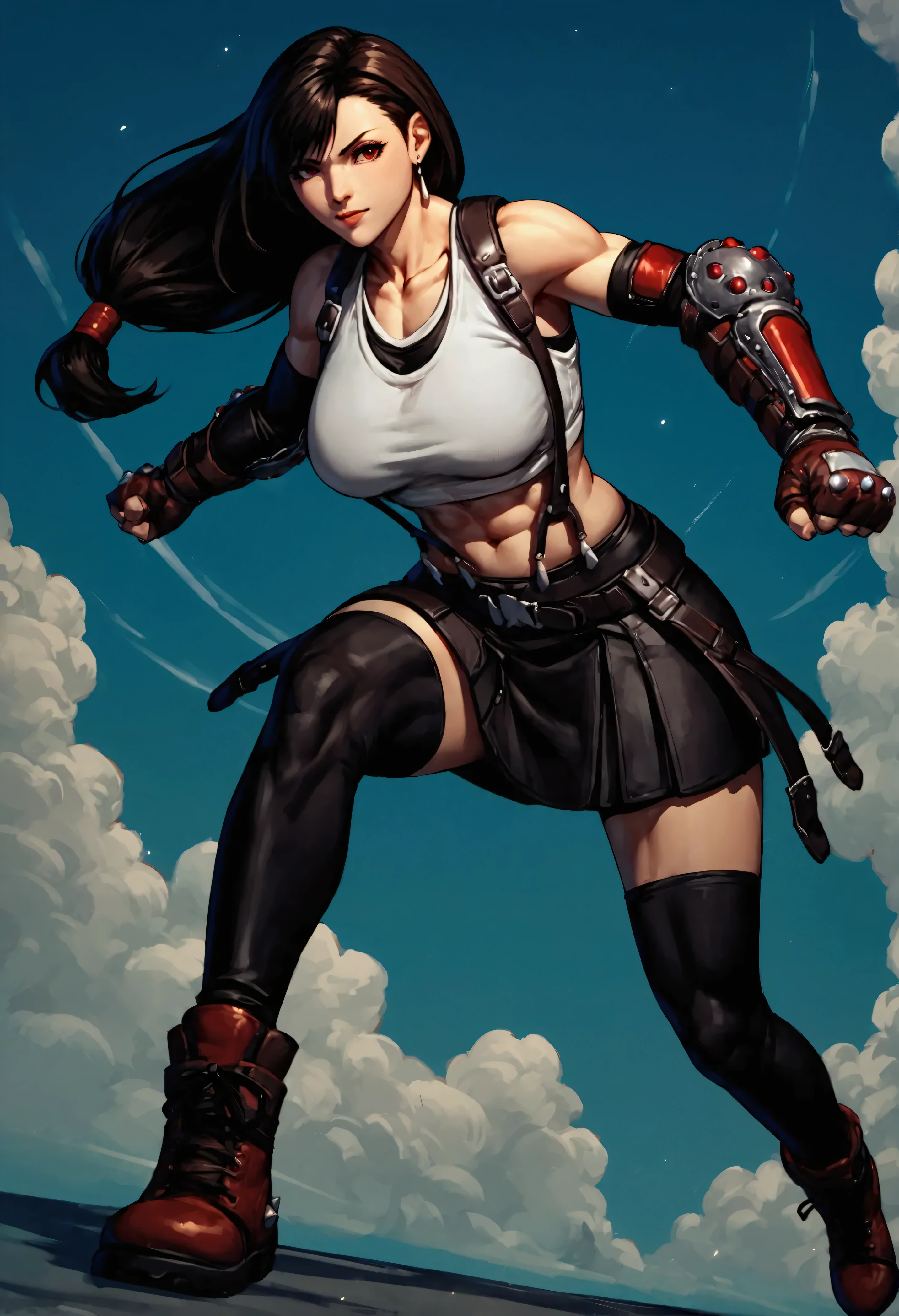 score_9, score_8_up, score_7_up, solo,tifa taking fighting stance,dynamic pose, dynamic action, dynamic angle,limit break.score_9, score_8_up, score_7_up, score_6_up, score_5_up, score_4_up, source_anime,source_furry,rating_safe,rating_questionable,masterpiece, best quality, perfect anatomy , very aesthetic , absurdres,(Hong Kong action cinema style)