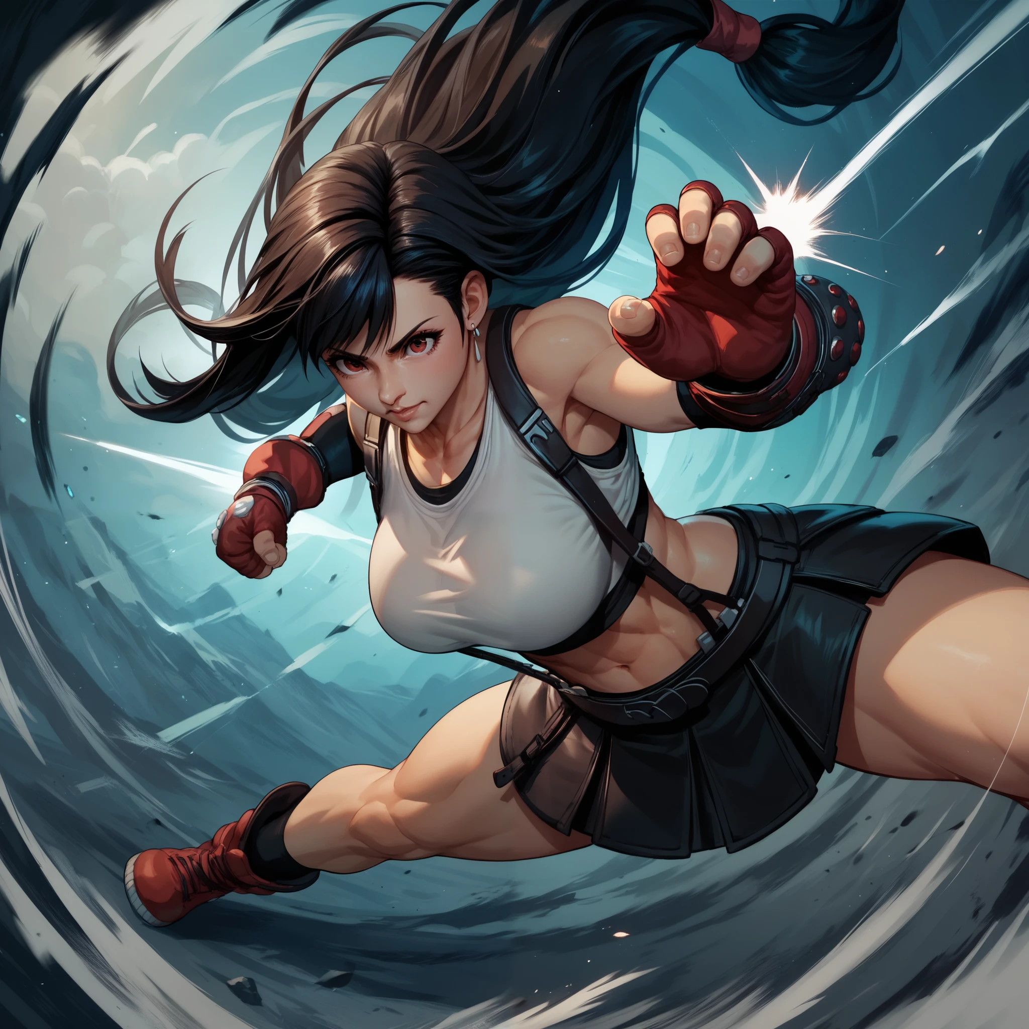 score_9, score_8_up, score_7_up, solo,tifa taking fighting stance,dynamic pose, dynamic action, dynamic angle,limit break.score_9, score_8_up, score_7_up, score_6_up, score_5_up, score_4_up, source_anime,source_furry,rating_safe,rating_questionable,masterpiece, best quality, perfect anatomy , very aesthetic , absurdres,(Hong Kong action cinema style)