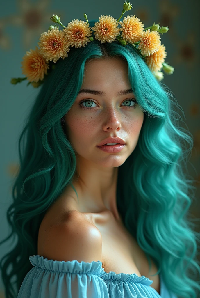 beautiful woman with pale, translucent skin, veins appear on the woman’s arms and chest, where the rivers flow , with green hair with a lot of daisies growing on it, daisies growing in a woman&#39;s hair, her hair is like grass