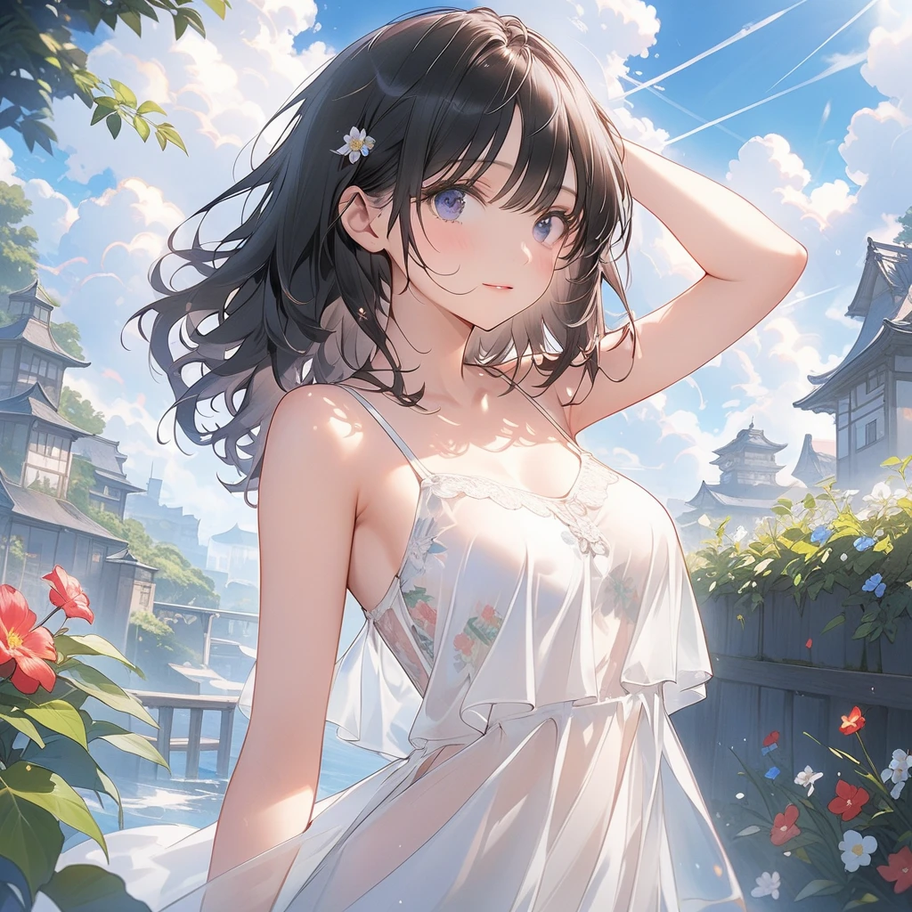 young girl black hair short hair red eyes irreverent face look down thin body thin thighs small breasts small ass toned body blue sky cloud hair blowing in the wind high quality High resolution 8K vampire watercolor natural feel bridge of the nose ((最high quality)), ((masterpiece)), (get used to it), dignified face grassland close up of face Beautiful as a goddess whole face lipstick eye shadow naked ID photo style long eyelashes Accurate No decoration Bare skin No accessories In underwear 8 life size can'I can' landscape painting See-through creative Princess Peach landscape