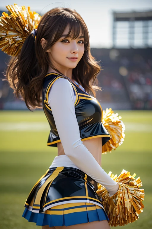 Two Ara-Fed Asian Cheerleaders in Dynamic Pose with Large Pom-Poms in Both Hands in Stadium, Close Up, Cosplay Photos, Anime Cosplay, Small Breasts, RAW Photos, Best Quality, High Resolution, (Masterpiece), (Photorealistic:1.4), Professional Photography, Sharp Focus, HDR, 8K Resolution, Complex Details, Depth of Field, Highly detailed cg Unity 8k wallpaper, front light, NSFW, women, girl, beautiful supermodel, smile, slender, small cheer uniform, yellow, Marie Rose, sailor suit, highly detailed face and skin texture, wearing jacket