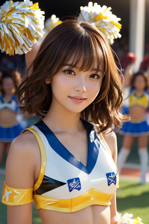 Realistic、Masseter region、Highest quality、High resolution、RAW Photos、Realistic、Bright lighting、Face Light、Smooth Professional Lighting、Japanese women、Beautiful woman、Modeled、gravure、sexy、so beautiful、Realisticで美しい肌、Beautiful and detailed、Detailed face、slim、Large Breasts、Cleavage、short hair、Brunette Hair、Brown eyes、Looking into the camera、Cheerleader、Cheerleader、Cheerleader、smile