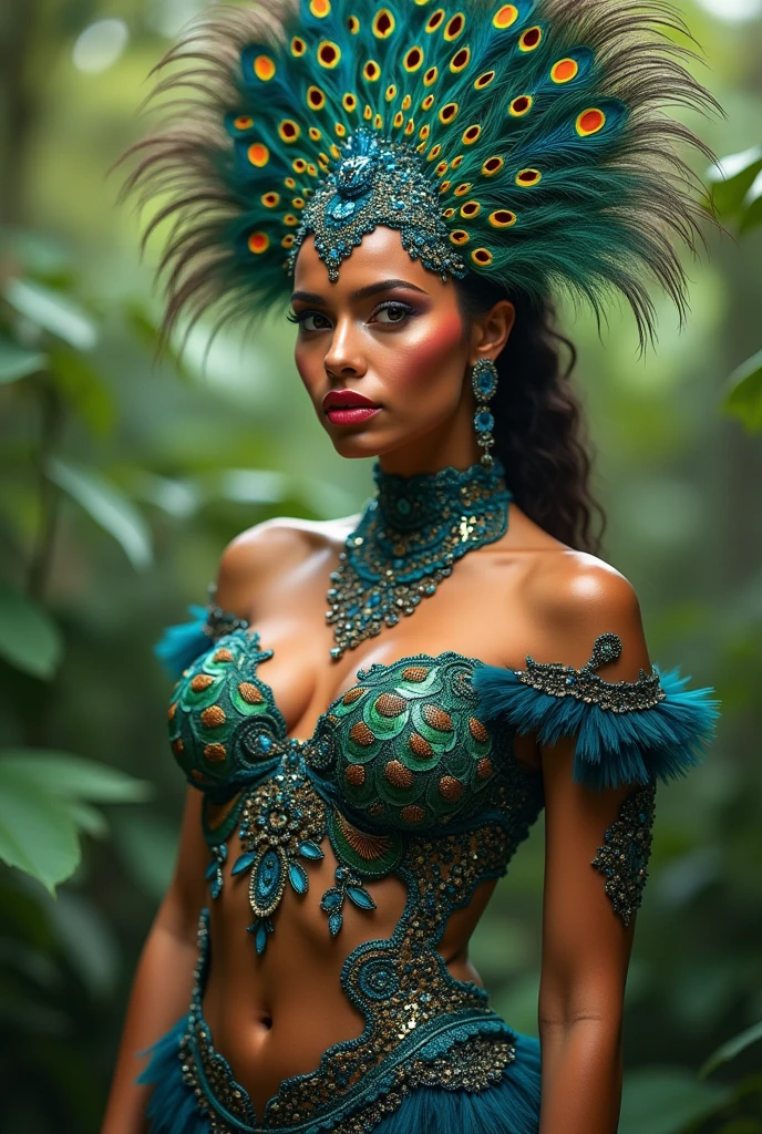 cinematographic, 4K High Definition, best of the best, The most beautiful beautiful woman, Amazonian Princess, headdress of parrot and macaw feathers, feather crown, lush body, perfectbody, lush body, painted body, ssmile