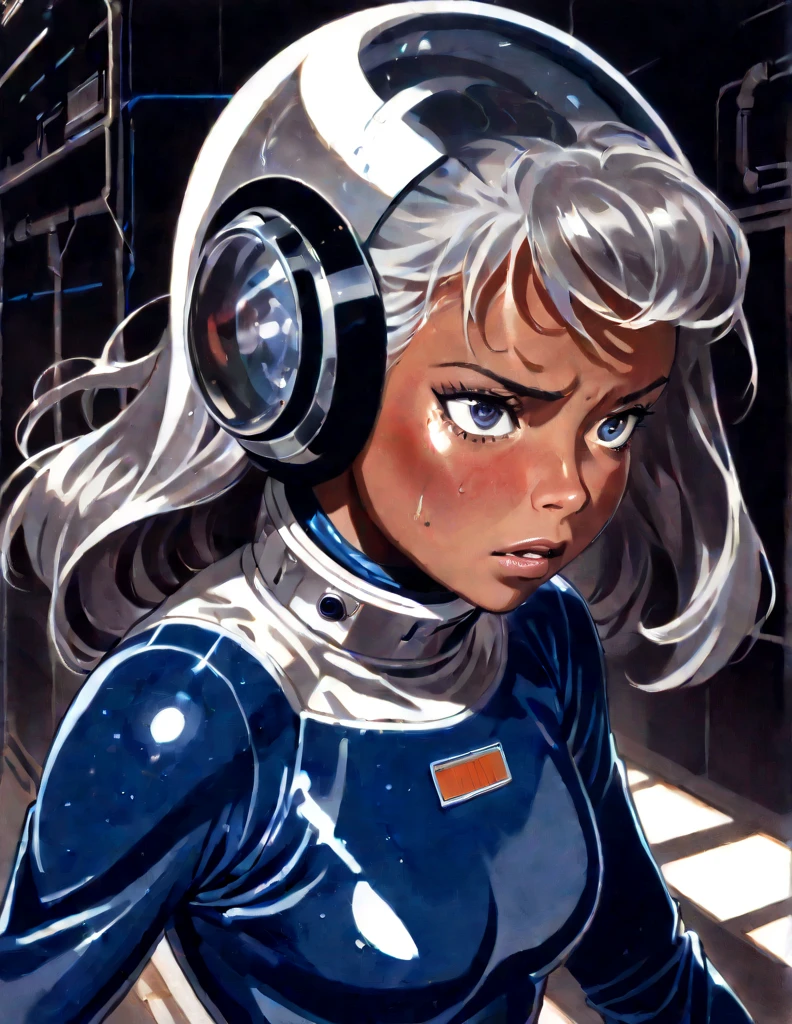 Tanned Woman with silver hair. She is wearing a skin-tight blue space suit with a retro clear dome Astronaut helmet. . She is running in a darkened red sci-fi factory corridor . She looks frightened. Sweat is down her face.