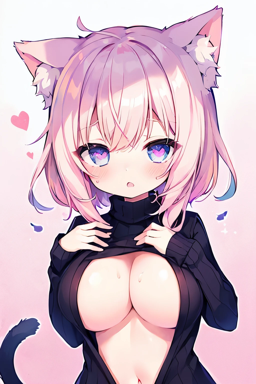 nsfw, virgin killer sweater, (sweater dress:1.2), ribbed sweater,sideboob, Cleavage Cut Out, turtleneck sweater,(white sweater:1.3), crop top　Navy,  light pink hair  ,Very beautiful and Sparkling Eyes、Sparkling Eyes、  1 girl、  big breasts at the temple、cat ears、((((( )))))、heart❤、((sweat、vapor)）,cat ears