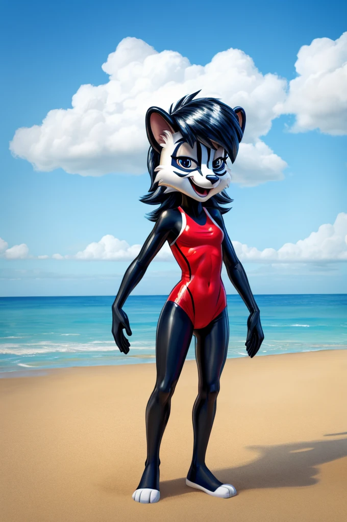 Skunk is a full-length cartoon girl slim skinny in a red tight lycra swimsuit on the beach with a happy face