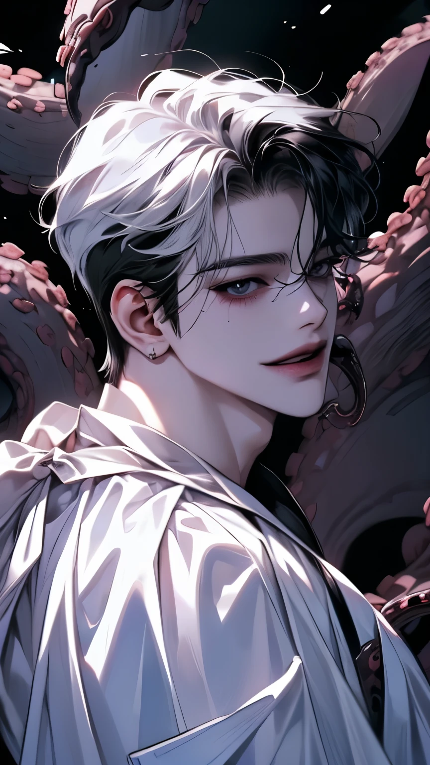 boy,  black head, (heterochromia 1 . 2 black eyes and white eyes ),  white skin ,  sharp eyes, (Smooth tentacles),  seen from the side , (( researcher white gown )), 흰색 셔츠와  researcher white gown , smile, glasses