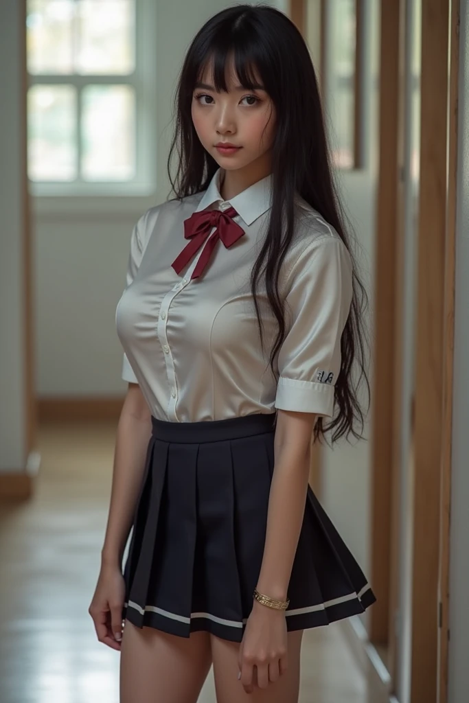 (8k、RAWphotographgraphy、Highest quality、masterpiece:1.2),黒pantyhose,Absurd,Small face,,Large Breasts,前hairを真ん中から分けます、The forehead is visible,(きついeye,strong,skinny,skinny,Irritated)、masterpiece,Highest quality、Ultra-high resolution,RAWphotograph,One person, One personで,Dark look,Large Breasts,whole body,Round Glasses、cute、Japanese women,Are standing,(きついeye,strong,skinny,skinny,Irritated,Big and ample breasts、cleavYear、Very good、No underwear、Get out、Unusual breasts、Please expose your breasts、Lift up the hem of your skirt to show your panties)、(Photorealistic:1.37)、Photon Mapping,Light blue ribbon,Realistic、cuteSmall face,茶色のeye、Black socks、(Red bow tie)、Radio City、Physically Based Rendering、prospect、Written boundary depth、Blurred Background、photograph,、body, Long legs, Thin legs,ponytail,(前hairが見える), hair, lips, green_eye, Nose Soft,White shirt, Navy blue and white plaid pleated skirt, I can see your knees,Light clothing,, thigh,Nogizaka Idol, actress, Japanese ID、pantyhose、whole bodyphotograph、Beautiful legs、thighs thighs thighs、(Browsing Caution:1.2)、Get on all fours on the sofa、White underwear laces, White knee-high socks、Protruding buttocks、 Spread your legs, Looking back at the camera, Butt from behind, One person、Year