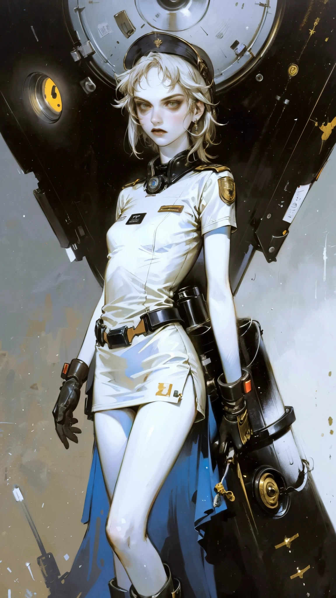 (masterpiece:1.2, best quality:1.2, extremely delicate:1.2), ((Alexandra Daddario:1.2)), a girl with short light golden hair, a metal headband on her forehead, icy gaze, detached expression, smooth and exquisite facial appearance, perfect body, perfect skin, porcelain skin, pale skin, sci-fi military uniform, short sleeves, gloves, short skirt integrated with the outfit, dark fitted pants, knee-high military boots, the color scheme is primarily White with Blue and Yellow accents, surrounded by AR virtual interfaces, standing in a futuristic sci-fi-styled room, this character embodies a finely crafted futuristic sci-fi female officer in anime style, exquisite and mature art style, exquisite photography, Photo realism, photorealistic, even and soft lighting on face, dramatic, high definition, highres, ultra-detailed, ultra-fine painting, professional, perfect body proportions, anatomically correct, symmetrical face, extremely detailed eyes and face, high quality eyes, creativity, RAW photo, UHD, 32k, portrait lighting, Natural light, cinematic lighting, (masterpiece-anatomy-perfect:1.2)