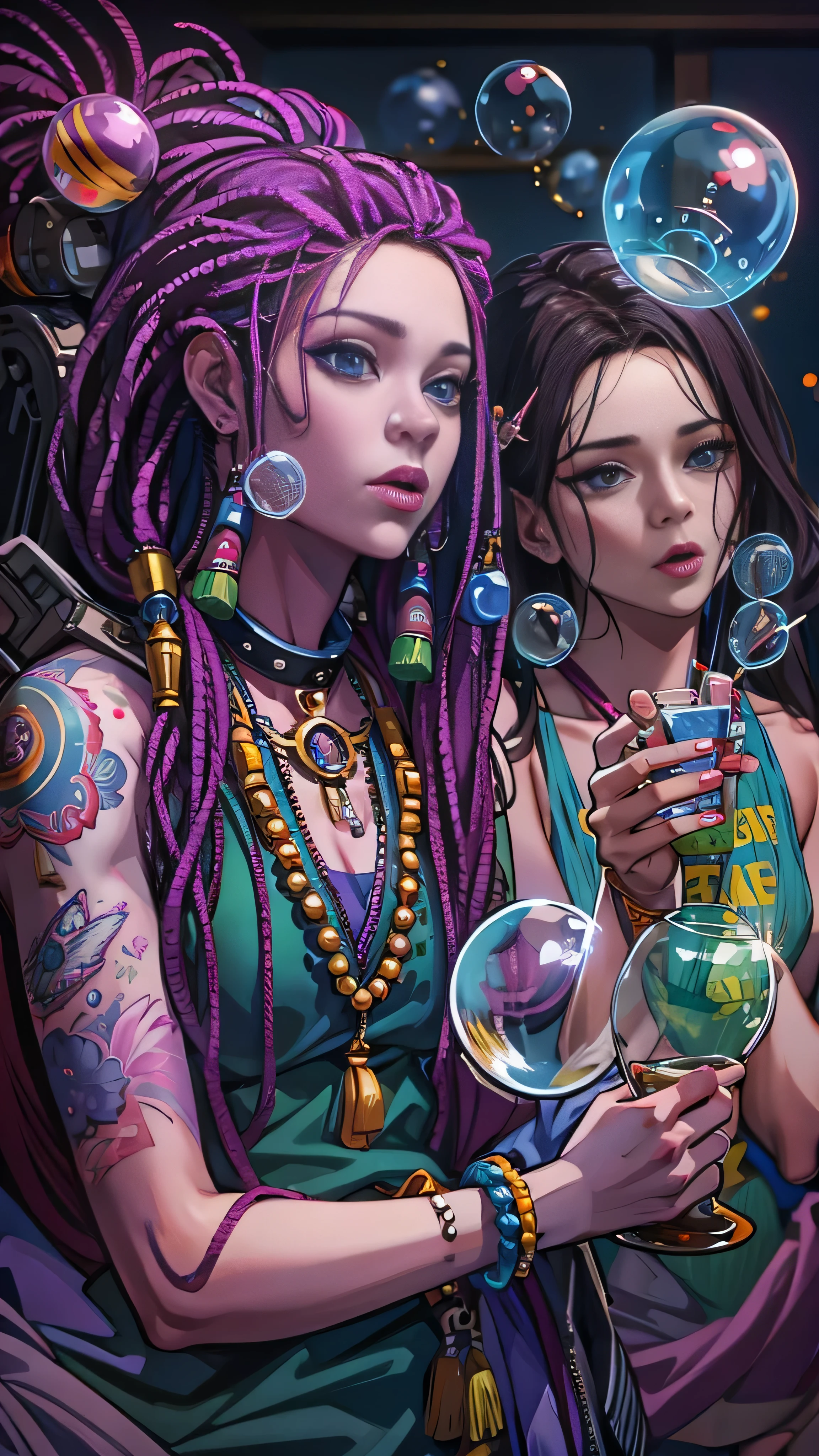 With high definition images，Two dreadlocks are blowing soap bubbles in the room, Darius Zawadzki and Tom Bagshaw,  psychedelic colouring, Smoking containers, 3D rendering of a shaman,  face details,  beautiful Gemini twins , Blowing bubble gum, Hippie Fashion  