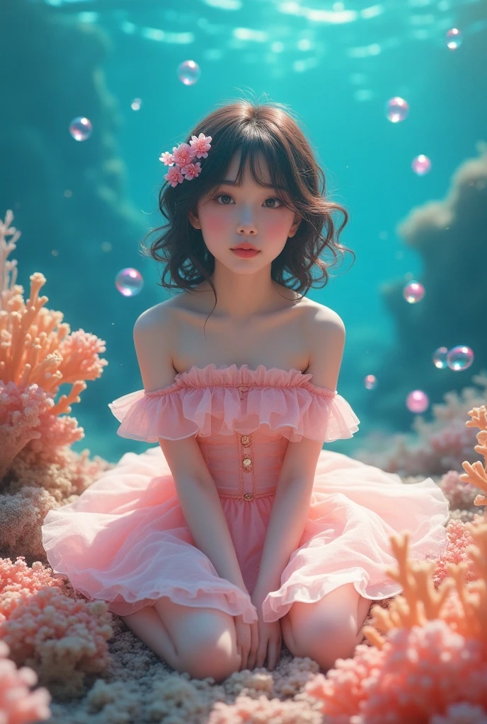 (8K, Raw photo, Best Quality, masutepiece: 1.2), (Realistic, Realistic: 1.37) There are many pink shells on the beach, there is water, pearlescent, pearls and shells, Conch shell,soft spills, pearling, pink jellyfish everywhere, soft 3D rendering, ethereal bubbles, bubble landscape, Iray shader, pastel pink, pink reflections, pearl sky, shells, paradise pink, Pastel colors, pink pastels, Pink Sun,1 tiny tiny girl in the shells