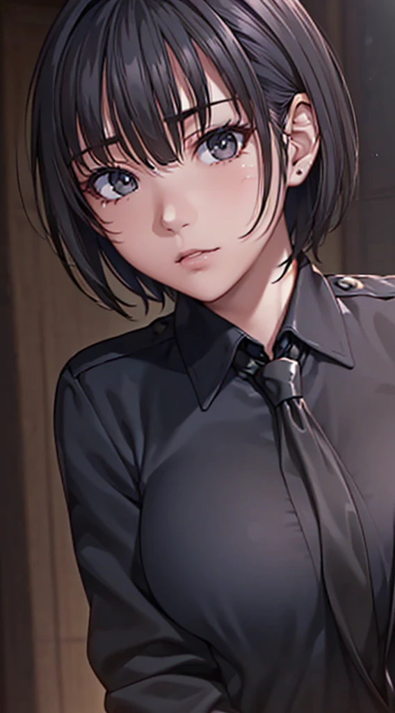 Age 25,Female military cadres,((masutepiece, Best Quality, hight resolution,Perfect Pixel, 4K))), 1girl in, Single, alone、full body seen,7:3 parting,((short hair)), ((gray-eyed, Beautiful eyelashes, Realistic,((Smooth texture:0.75, Realistic texture:0.65, Photorealistic:1.1, Anime CG style)),large breasts, Dynamic Angle, Perfect body,black suits,Dark blue hair,Slanted Eyes, sharp eyesight , black military uniform,Beautiful breasts,suits,((tie)), White shirt inside