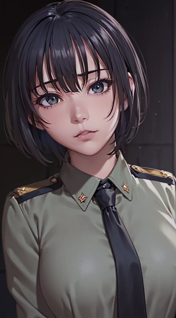 Age 25,Female military cadres,((masutepiece, Best Quality, hight resolution,Perfect Pixel, 4K))), 1girl in, Single, alone、full body seen,7:3 parting,((short hair)), ((gray-eyed, Beautiful eyelashes, Realistic,((Smooth texture:0.75, Realistic texture:0.65, Photorealistic:1.1, Anime CG style)),large breasts, Dynamic Angle, Perfect body,black suits,Dark blue hair,Slanted Eyes, sharp eyesight , black military uniform,Beautiful breasts,suits,((tie)), White shirt inside