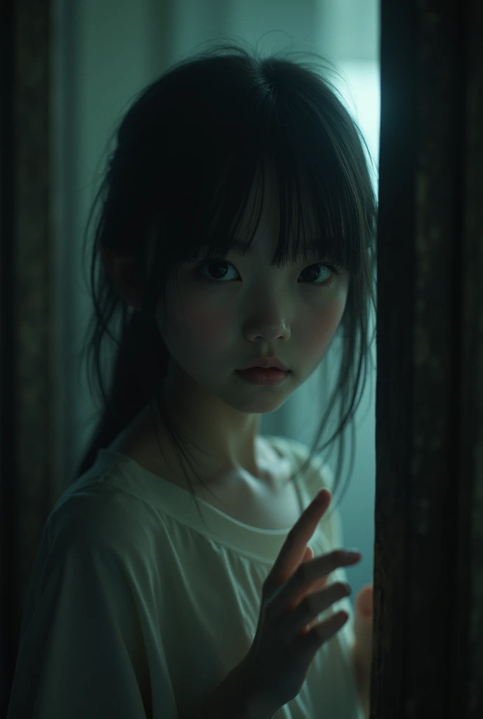 a girl in a house,and her feared face