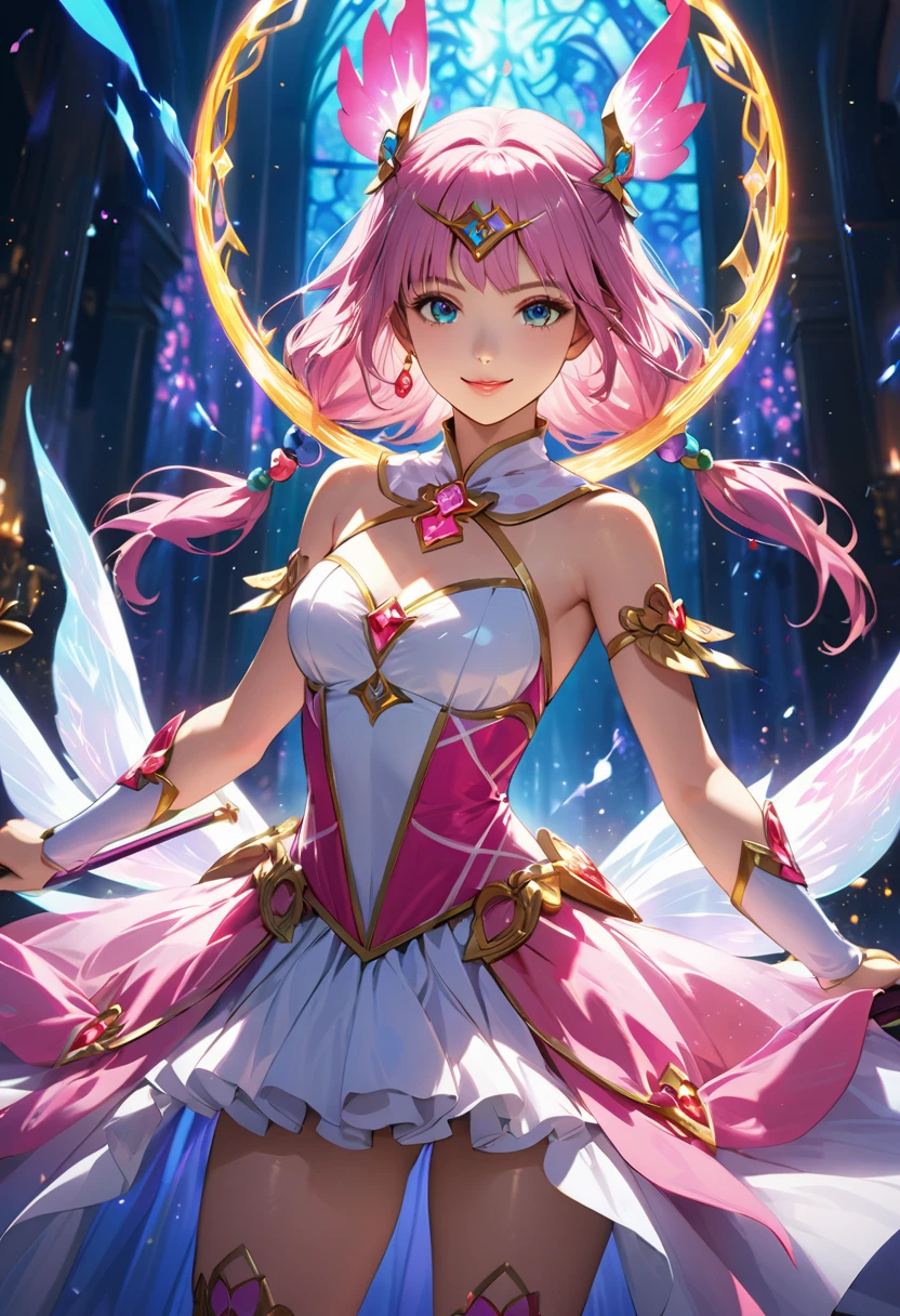 masterpiece,best quality,1girl,solo,smiling,magical_girl,white and pink costume,long magic staff,magical energy,dynamic pose,colorful magic effects,glowing,dramatic lighting,vivid colors,vibrant colors,detailed face,beautiful eyes,beautiful lips,luminous skin,fantasy,digital painting,intricate details,cinematic composition,highly detailed character,ethereal,mysterious,intricate details,ethereal atmosphere,dramatic lighting,cinematic composition,