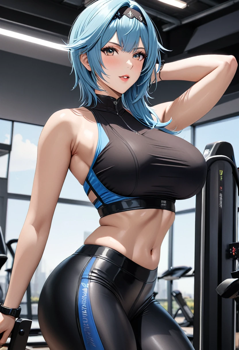 ( masterpiece), (super realistic anime style), (super detailed), ( definite details), eula, Awesome MILF, Super beautiful, Very pretty, extremely beautiful, too sexy, huge breasts,  big butt blouse ,  tight sports bra, fitted leggings, an electric gym, (sexy body)