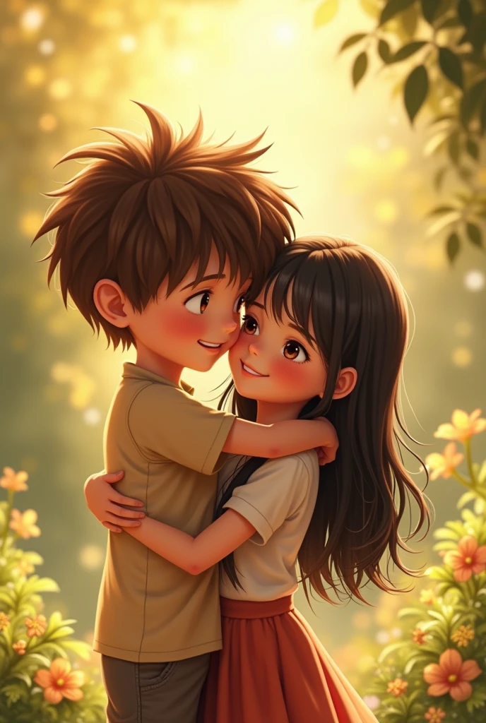 A chubby boy with wavy hair hugging a slim girl with straight-wavy hair and bangs