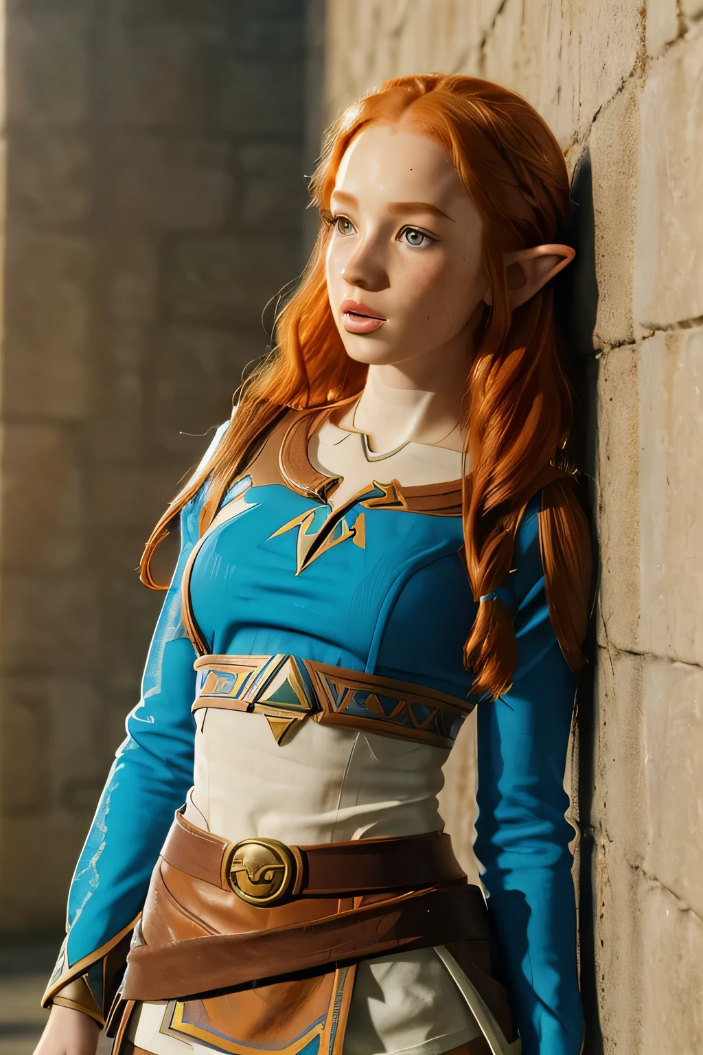 1girl in, age21, Madelaine Petsch, photo of perfect woman, 5'3", Solo, Aesthetic artwork, (irish  redhead, wavy ginger hair, shoulder length ginger hair:1.25), (some small freckles, pale skin, small breasts, B-cup, runners body, very thin waist, skinny, petite, detailed skin texture), (blank background, plain background, blank wall, (wearing an blue tunic, leather belt, Triforce symbol, princess Zelda, Zelda breath of the wild cosplay), (extremely detailed 8k wallpaper), soft lighting, high quality, film grain, Fujifilm XT3 sharp focus, f 5.6, 50mm, High Detail, Sharp focus,(natural light), crazy details, complex details, hyper detailed