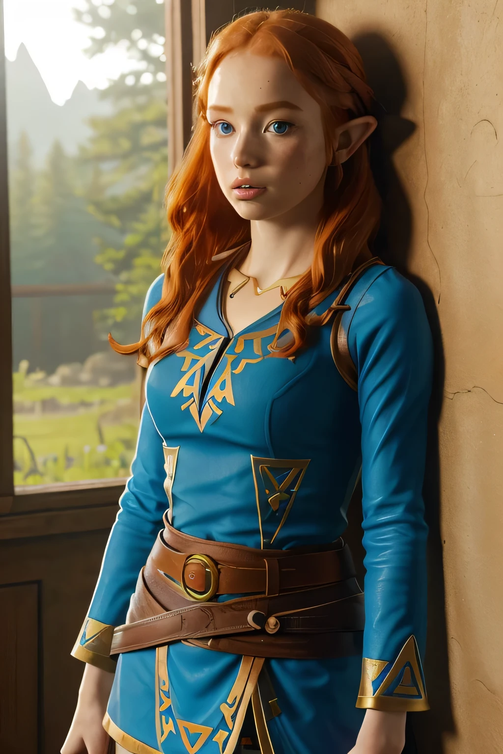 1girl in, age21, Madelaine Petsch, photo of perfect woman, 5'3", Solo, Aesthetic artwork, (irish  redhead, wavy ginger hair, shoulder length ginger hair:1.25), (some small freckles, pale skin, small breasts, B-cup, runners body, very thin waist, skinny, petite, detailed skin texture), (blank background, plain background, blank wall, (wearing an blue tunic, leather belt, Triforce symbol, princess Zelda, Zelda breath of the wild cosplay), (extremely detailed 8k wallpaper), soft lighting, high quality, film grain, Fujifilm XT3 sharp focus, f 5.6, 50mm, High Detail, Sharp focus,(natural light), crazy details, complex details, hyper detailed