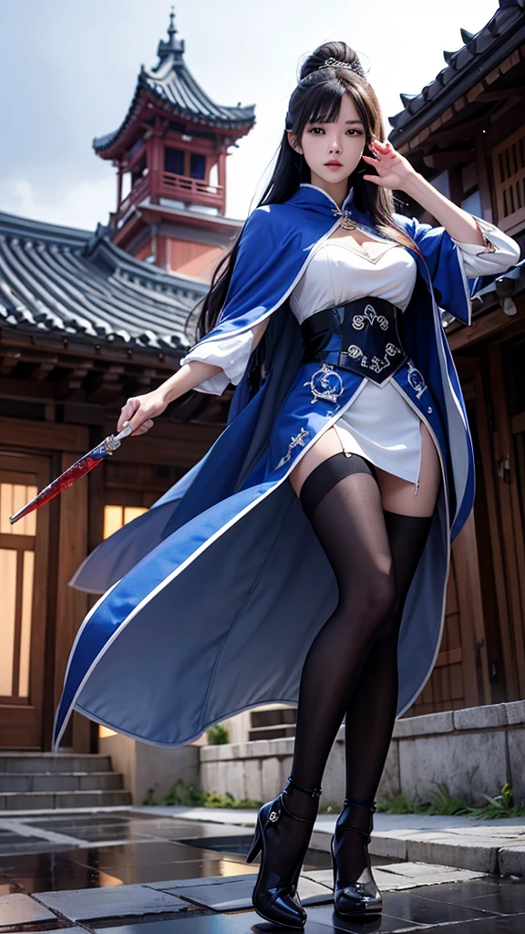 1 girl, kimono, ponytail ,gray hair, purple eyes, magic circle, blue fire, blue flame, wallpaper, landscape, Blood, Blood splatter, Depth of bounds written, night, particles of light, light, side light, thighs, destiny \(series\), genshin impact, ****, open jacket, skirt, Thighhighs, cloud