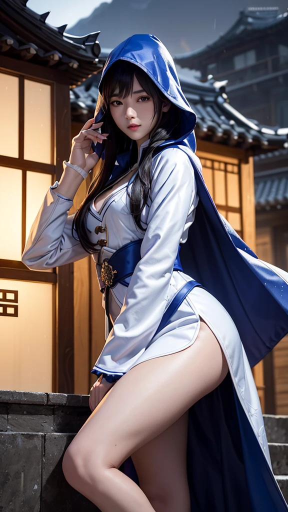 climbing a temple wall South korea ninja women mystery hooded on with modern royal Blue coat with long and wide sleeves with buttons and royal Blue cape and very high white heel over the knee and white gloves, As she reveals a small secret hidden blade coming from his palm , adding to the character's mysterious and agile appearance, with small movements of air on the cape,, in summer at night under the rain,medieval south korea house. sophisticated and highly detailed, ultra hd, realistic, hyper detailed, enhanced colours, ultra sharp focus, with vibrant, rich in details High quality, gorgeous, captivating, 8k, super detailed, stunning shadows, detailed lines, ready to make a murder