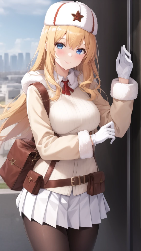 (masterpiece, best quality:1.2),illustration,8k,hd,city,1girl,solo,cowboy shot,mosin-nagant (girls frontline),ushanka,belt,belt pouch,blonde hair,blue eyes,white jacket,white headwear,ribbed sweater,white skirt,red star,blush,fur hat,fur trim,knee boots,black pantyhose,long hair,smile,white gloves,pleated skirt,brown footwear,