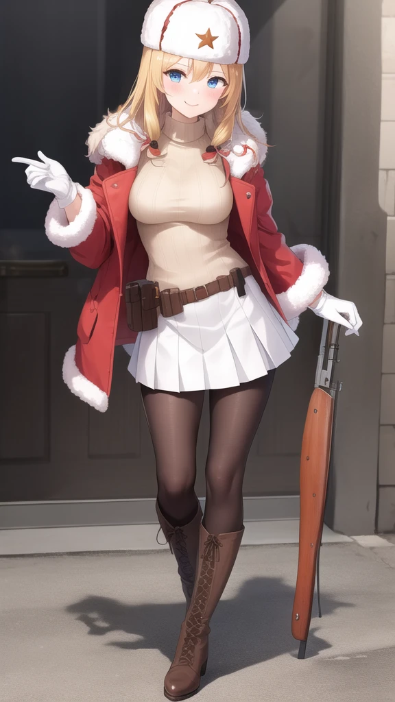 (masterpiece, best quality:1.2),illustration,8k,hd,city,1girl,solo,cowboy shot,mosin-nagant (girls frontline),ushanka,belt,belt pouch,blonde hair,blue eyes,white jacket,white headwear,ribbed sweater,white skirt,red star,blush,fur hat,fur trim,knee boots,black pantyhose,long hair,smile,white gloves,pleated skirt,brown footwear,