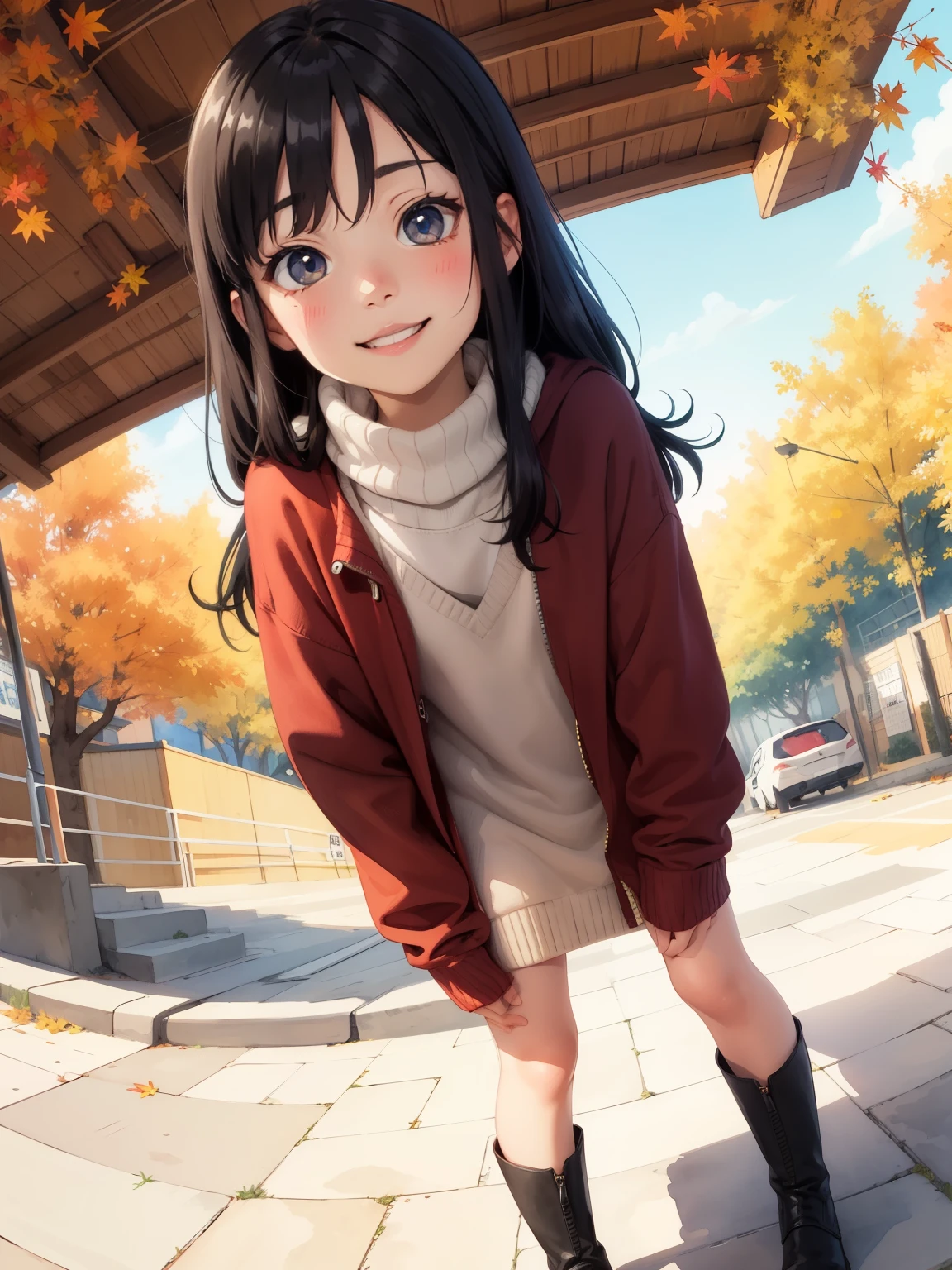 ( super flat ， flat shading ， flat color), (close),   Fisheye Lens ， cute little round mother and cute daughter， short stature ， flat chest，  Thin Thighs ， warm oversized sweater ， muffler  ，Long Hair,   boots, smile, smile, fun, play, autumn, autumnのきれいな紅葉,   bright  , Wide angle,    bright   color, watercolor, Ghibli style，  girl&#39;Lure，