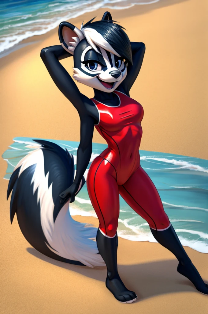 Skunk is a full-length cartoon girl slim skinny in a red tight lycra swimsuit on the beach with a happy face