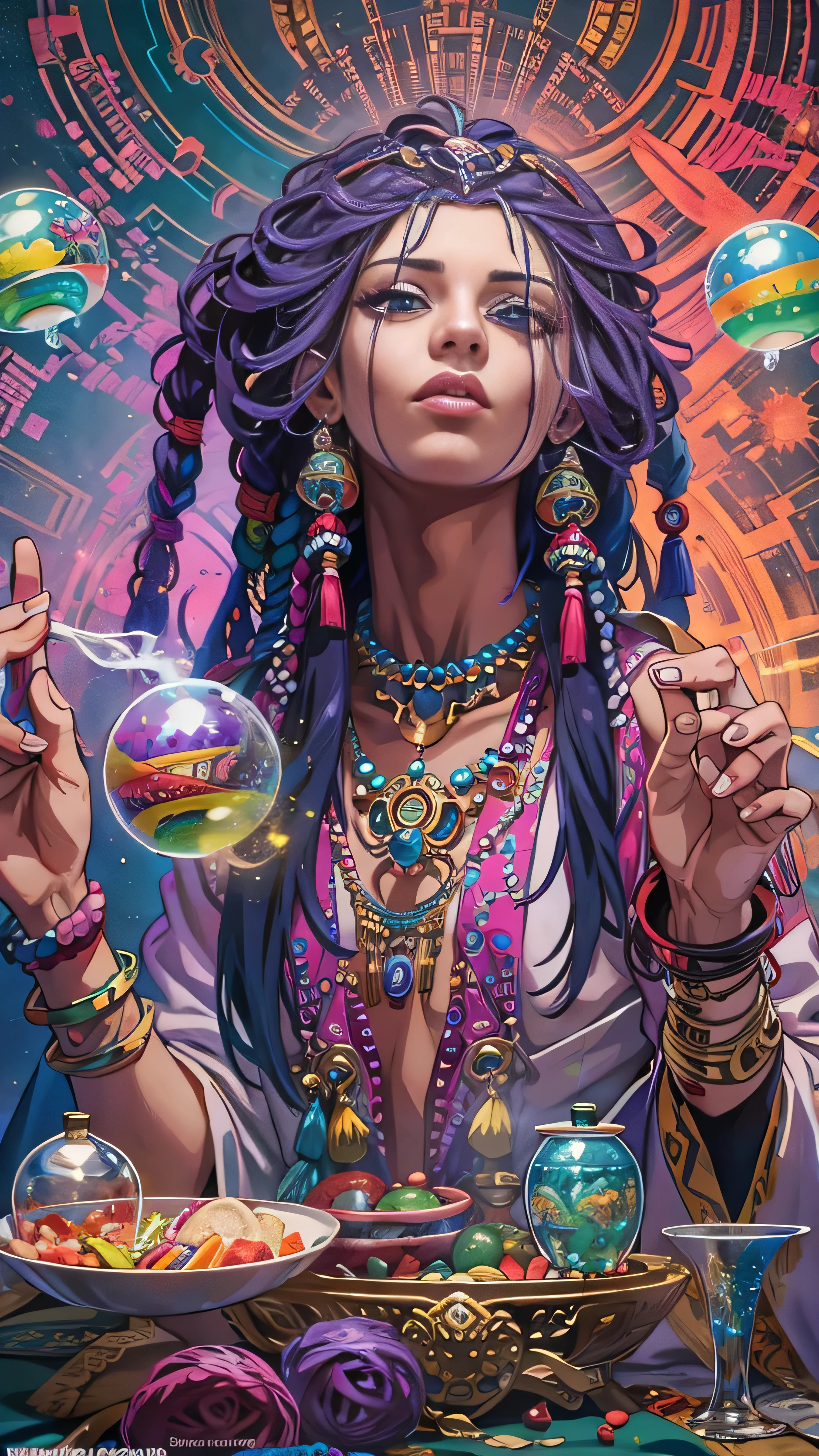 With high definition images，Two dreadlocks are blowing soap bubbles in the room, Darius Zawadzki and Tom Bagshaw,  psychedelic colouring, Smoking containers, 3D rendering of a shaman,  face details,  beautiful Gemini twins , Blowing bubble gum, Hippie Fashion  