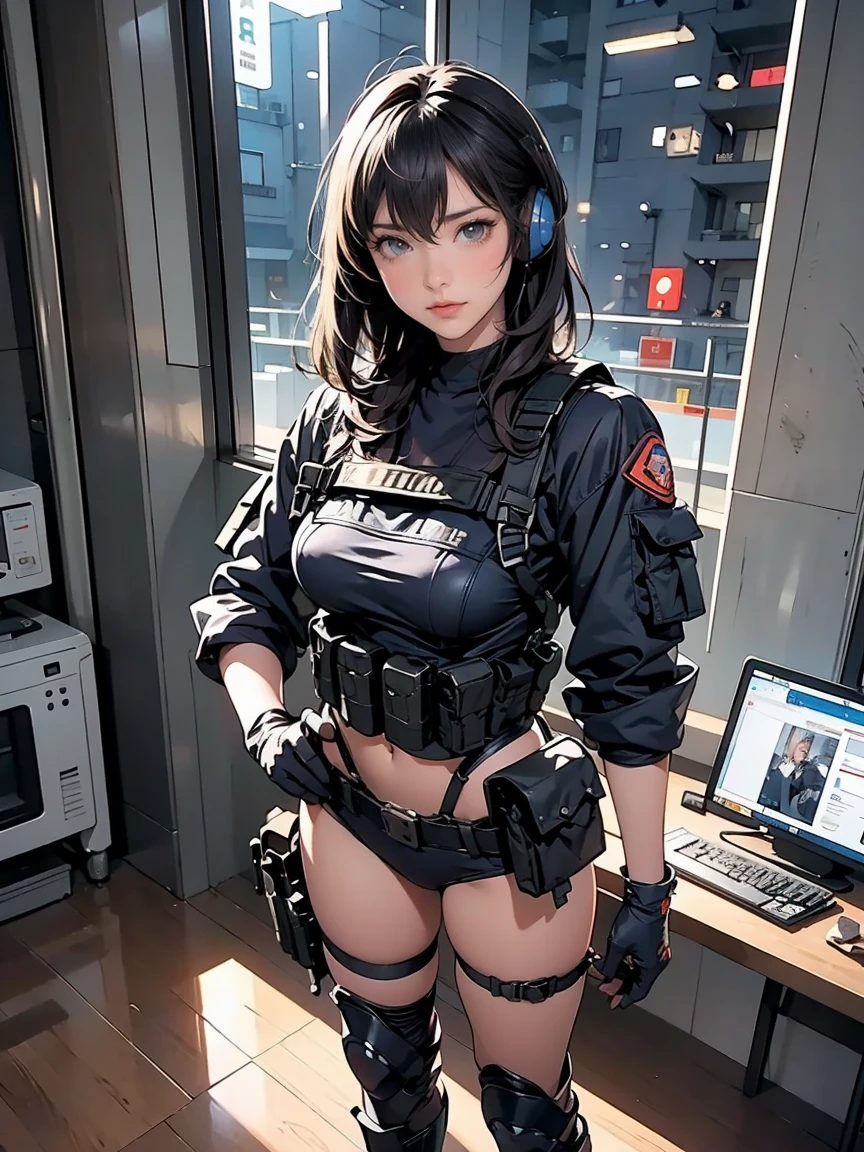 beanie,belt,big breasts,cybernetics,g-string,glasses,high tagia,jacket,micro bikini,revealing clothes,skimpy,visible breasts