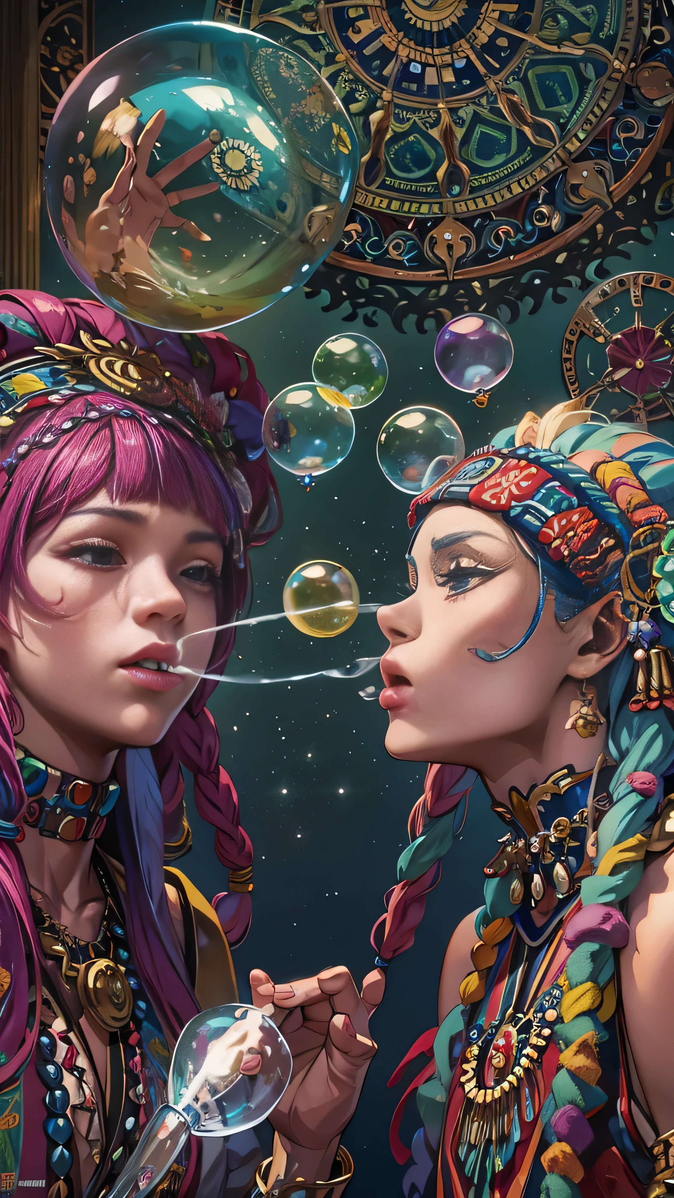 With high definition images，Two dreadlocks are blowing soap bubbles in the room, Darius Zawadzki and Tom Bagshaw,  psychedelic colouring, Smoking containers, 3D rendering of a shaman,  face details,  beautiful Gemini twins , Blowing bubble gum, Hippie Fashion  