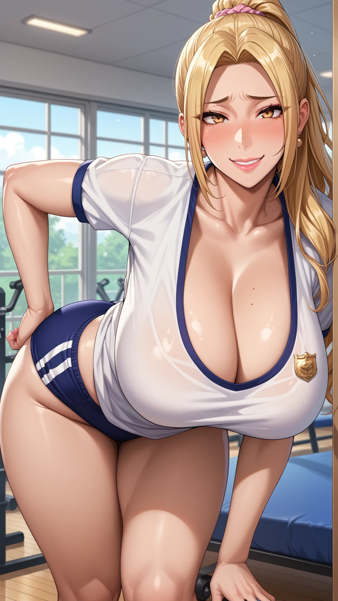 beautiful detailed 25 years old female japanese, wearing Sports Uniform: A fitted athletic uniform with a team logo, shorts, and sneakers, beautiful face, shiny white skin, blonde hair, curvy body, ultra large saggy breasts, massive cleavage exposed, school background